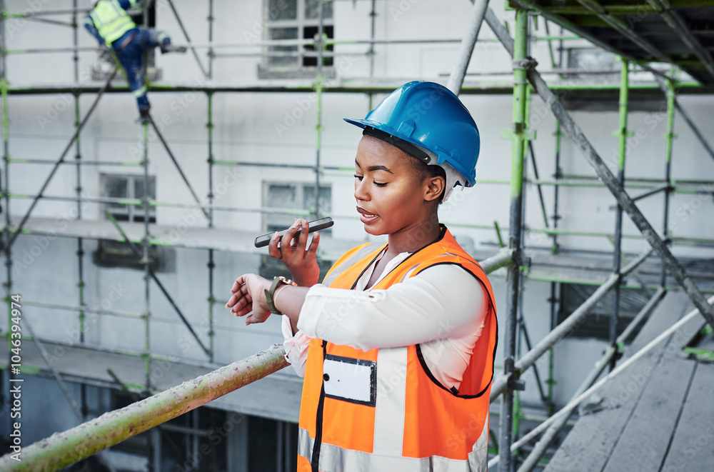 Aufkleber Watch, construction and phone voice message with building project and time check for scaffolding and handyman inspection. Industrial, helmet and black female employee with contractor and talking