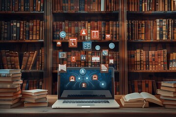 Laptop with Digital Learning and Education Icons in a Library