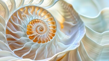 Nautilus shell highlighted in an abstract setting, showcasing its detailed spiral. The shell's geometric design is a beautiful display of marine life and nature.