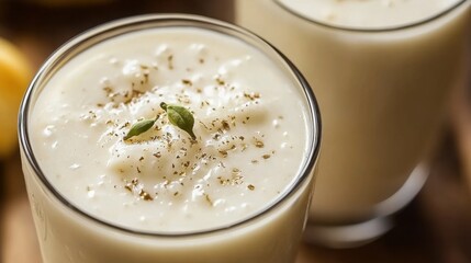 A close-up of mango lassi in a glass, garnished with a sprinkle of cardamom and served chilled for a refreshing treat.