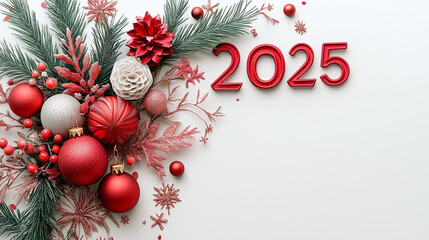 On a white background lies a New Year's bouquet of spruce branches, red balls and dried flowers, as well as the numbers red 2025. New Year card.