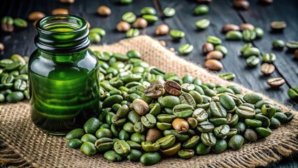 Naklejka premium green coffee bean extract in a dark bottle with coffee bean Close-Up