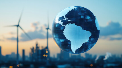 Fototapeta premium digital globe model hovers in distance with large wind turbines in background, symbolizing renewable energy and ESG concept.