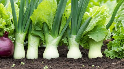 Obraz premium 2410 123.A close-up view of a well-maintained vegetable garden, where tall green leeks and various other vegetables such as lettuce and beets thrive in the rich soil of a farmhouse garden, reflecting