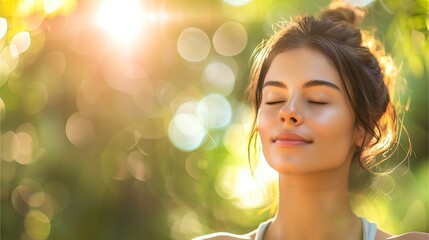 Fototapeta premium Close-up of a young woman meditating in a park on International Yoga Day, her skin glowing with the morning sun, perfectly capturing the serene expression on her face 