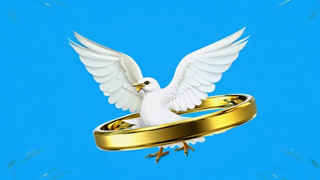 realistic 3D animation 4K white dove carrying two golden dding rings flying loop blue screen chroma key background ideal ddingrelated content bird animal circle aven intro love pigeon sky