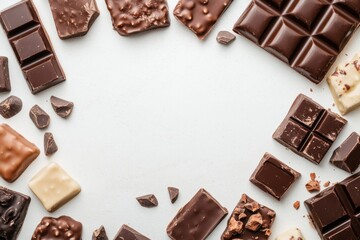 A flat lay of various chocolate bars, some partially unwrapped, on a white background with blank space in the center for text or promotional content.