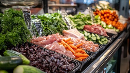 Obraz premium 2410 105.A clean and appetizing display of fresh produce, including assorted meats, leafy salads, and whole fish, surrounded by a variety of vegetables such as cucumbers and carrots, perfect for