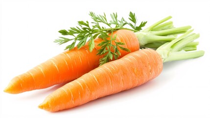 2410 65.A clean and crisp image of two carrots, their rich orange skin and green stems sharply defined against the white background, highlighting their freshness and simplicity in a minimalistic