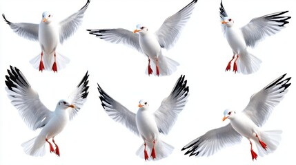 A photostock of flying seagulls on a white background, evoking freedom and the seaside atmosphere.