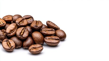 A photostock of ground coffee beans on a white background, highlighting rich aroma and texture.