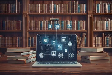 Laptop with Digital Learning and Education Icons in a Library