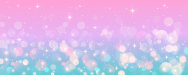 Pink background with bokeh and stars. Abstract light blurred vector design. Soft rose and blue sky. Gradient romantic wallpaper