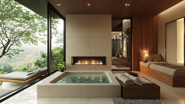 A luxurious spa room with a spacious soaking tub