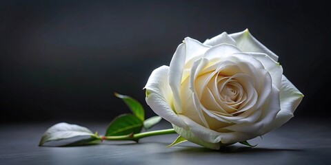 Fresh white rose against dark background, low angle view