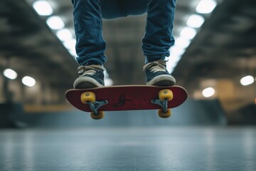 Naklejka premium Skateboarder performing a trick in an indoor skatepark during a busy afternoon session