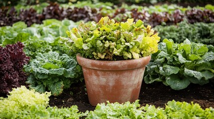 2410 47.A well-organized garden bed in the city vegetable garden, featuring an assortment of salad greens like lettuce and mustard, with a central flower pot overflowing with organic Speedy Mix salad