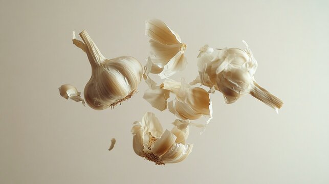 2410 17.Whole garlic bulbs and peeled cloves appear to float weightlessly in mid-air, captured with detailed lighting against a clean white backdrop, evoking the freshness and versatility of garlic