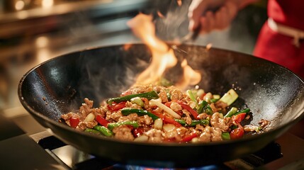 2410 100.A close-up of a chefâ€™s hands skillfully maneuvering a wok filled with stir-fried vegetables, flames dancing around the edges, capturing the intensity and precision of culinary skills in a