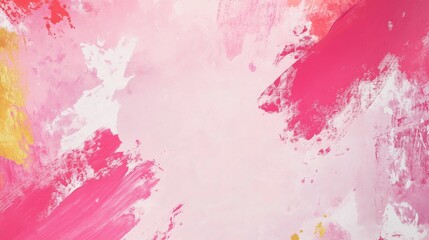Obraz premium Photo of, Pink background with abstract paint strokes and splatters in gold accents for design, banner template