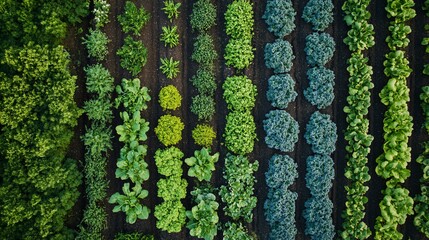 2410 54.A row of organic vegetable plots, each filled with thriving plants, neatly arranged in well-tended rows, creating a sense of balance and harmony in this eco-friendly, nutrient-rich garden