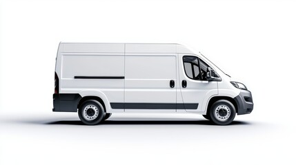 Sleek white delivery van isolated on a seamless white background, side view showing clean lines and modern design, soft shadow for depth