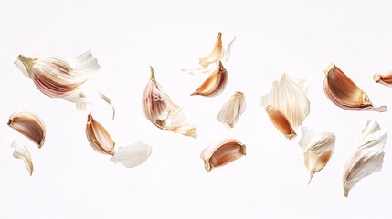Obraz premium 2410 18.A series of garlic cloves and bulbs gently suspended in the air, each piece in various stages of peeling, isolated against a bright white background, creating a sense of motion and freshness.