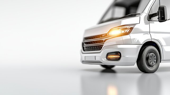 White delivery van close-up, isolated on white background, minimalistic design perfect for logistics or courier service advertisements