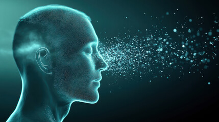 Fototapeta premium digital representation of human head in profile, with particles dispersing from forehead, symbolizing thought and creativity.