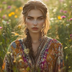 a portrait photograph of a young woman in a field of flowers
