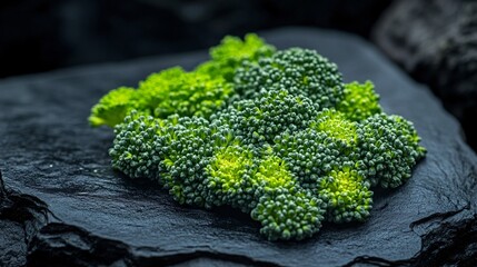 2410 59.A stunning macro shot of bright green broccoli florets, resting on a black stone table, with every detail of the tiny buds illuminated, reflecting the vegetable high vitamin content and its