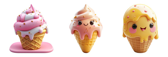Cute Cartoon Ice Cream Cones on Transparent Background