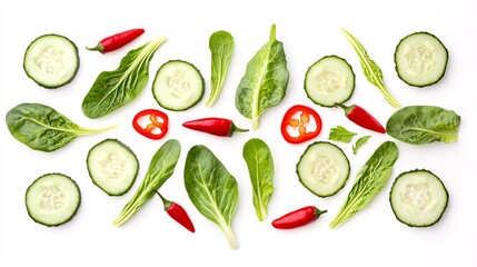2410 118.A vibrant composition of fresh vegetables, including sliced cucumbers, red peppers, and leafy greens such as pak choi and rucola, arranged in a symmetrical pattern on a white background,