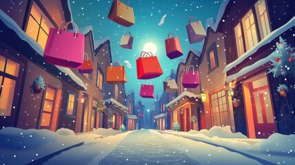 Fototapeta premium Colorful shopping bags falling on blue sky,Christmas winter landscape with snowflakes,black friday concept,sale or Discount banner,Template for promotion,advertising,web,social,ads,space for text.