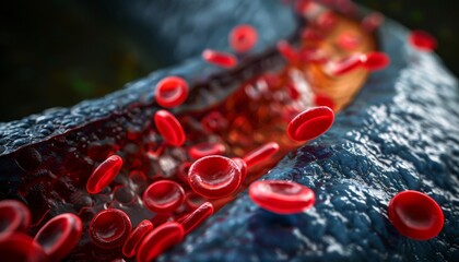 3D illustration of red blood cells entering blood vessel