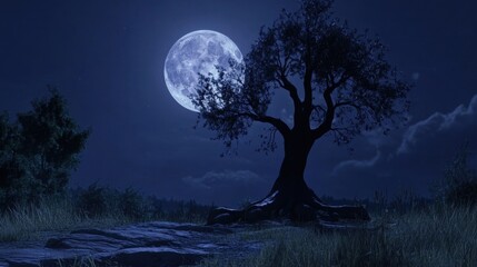 Fototapeta premium A creepy silhouette of a haunted tree under a glowing full moon on Halloween night.