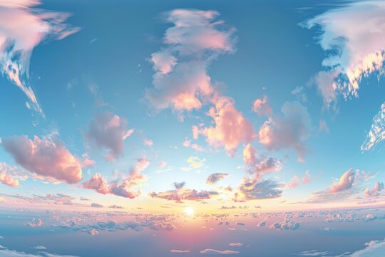 360 degree HDRI panorama of blue and pink evening sky with clouds before sunset ideal for 3D graphics or game development
