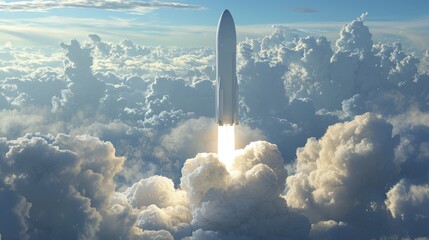 Sleek white rocket piercing through clouds at liftoff