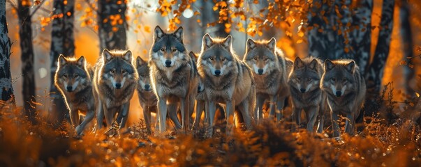 Pack of wolves hunting in an autumn forest, surrounded by orange leaves. Predatory gaze.