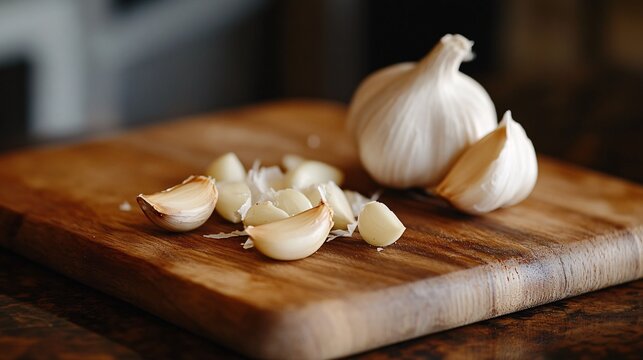 2410 5.A vibrant photo of garlic cloves split open on a cutting board, the bold aroma almost tangible, with the soft sheen of the garlic's interior reflecting the light, highlighting its