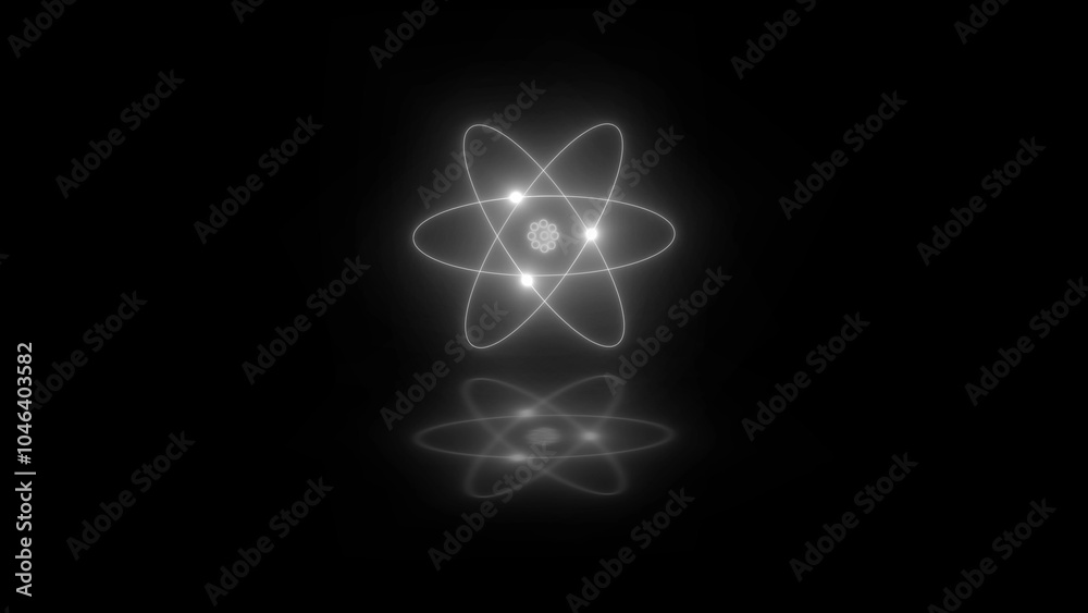 Wall mural atom neon glowing white color in black background