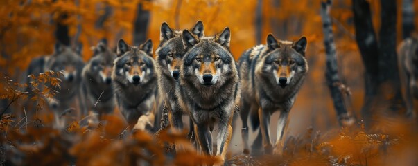 Pack of wolves hunting in an autumn forest, surrounded by orange leaves. Predatory gaze.