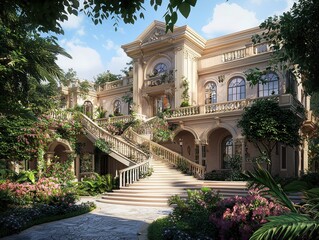 Obraz premium Grand Mansion with Luxurious Staircase and Gardens