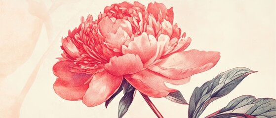 Vintage botanical peony sketch with color wash