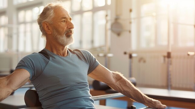 Middle-Aged Man Engages in Arthritis-Friendly Pilates in Minimalist Studio Setting