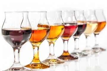 Naklejka premium Andalusian fortified wine various dry and sweet sherries in glasses close up on white background