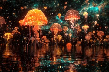 Glowing Jellyfish in a Surreal Cosmic Landscape