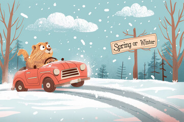 Groundhog Driving Convertible in Snowy Landscape - Spring or Winter Decision