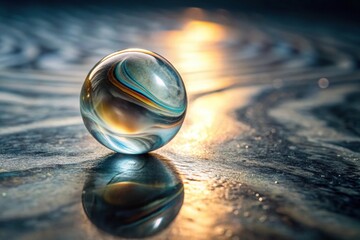 Close-up of a single marble ball sitting on a dark gray marble background, surrounded by tiny ripples and reflections, smooth surface, decorative accent, glossy finish, inanimate objects