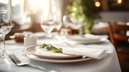 Fototapeta premium Elegant Dining Table Setup with Ceramic Plates and Cloth Napkins for Sophisticated Meal Experiences